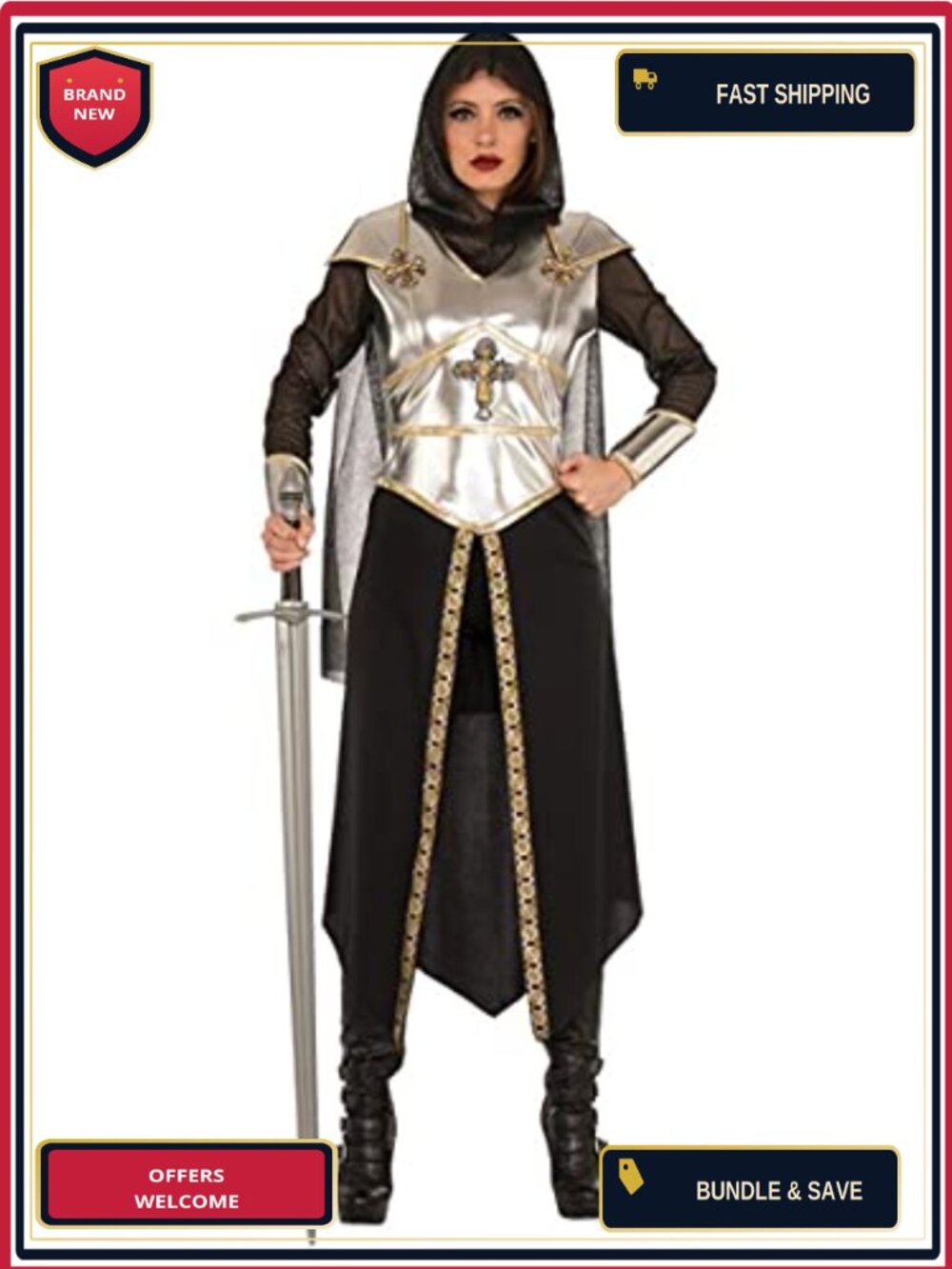 Medieval Warrior Costume Tunic Cape Leggings Hood Women's Standard